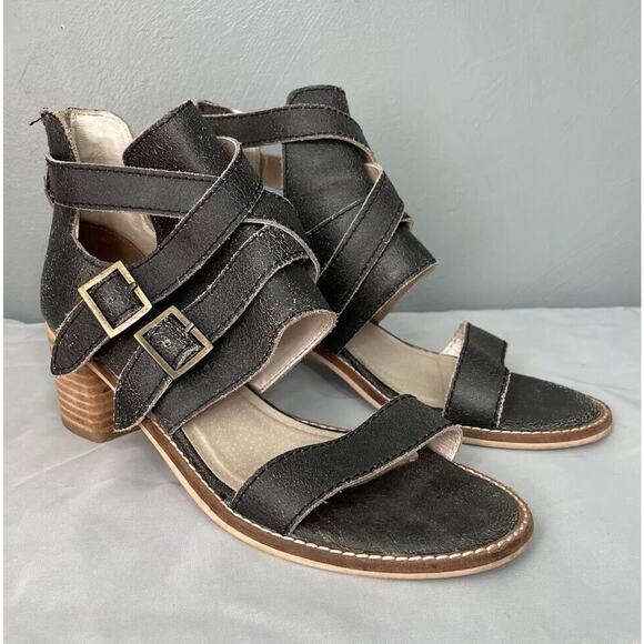 Kelsi Dagger Brooklyn Size 8 Distressed Black Gladiator Ankle Sandals Heels Boho - Picture 1 of 8